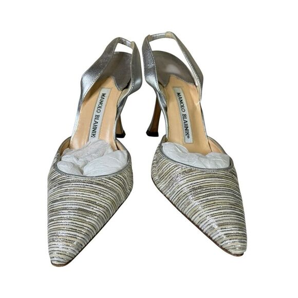 Manolo Blahnik Silver Striped Slingback Pointed Toe Heels Pumps Size 37 - Picture 7 of 9